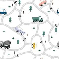 modello di mappa della città con strade, automobili, camion, alberi, semafori. vettore