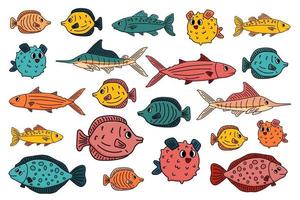 set di contorno pesci sott'acqua vettore cartone animato diverso, tang, passera, tonno, burrfish oceano, marlin di mare