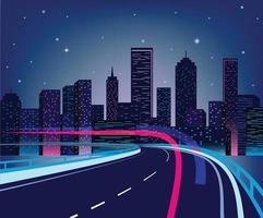 città futuristica di notte. sfondo scuro paesaggio urbano con luci al neon viola e blu luminose e luminose. ampia vista frontale autostrada. illustrazione di stile retrò onda. vettore