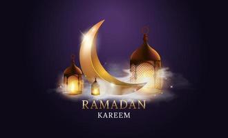 festa musulmana del mese sacro del ramadan kareem. luna d'oro con nuvole. disegno di illustrazione vettoriale. vettore