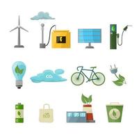 set di icone di ecologia. salvare emblemi dei cartoni animati di energia. batteria ecologica, pannello solare, bobina di tesla, mulino a vento, risparmio idrico, riciclo verde, carburante organico, bicicletta, lampada, borsa vettore