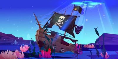 relitto pirata nave subacqueo con strappato bandiera vettore