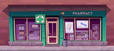 farmacia memorizzare edificio facciata con cartello vettore
