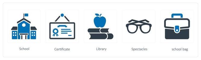 un' impostato di 5 formazione scolastica icone come come scuola, certificato e biblioteca vettore