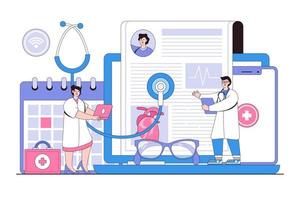 telemedicina, in linea assistenza sanitaria e virtuale medico cura concetto con persone carattere. schema design stile minimo vettore illustrazione per atterraggio pagina, ragnatela striscione, infografica, eroe immagini