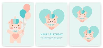 set di carte baby shower con unicorno carino. vettore