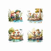 bambini attività pesca nel fiume impostato cartone animato