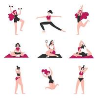 corpo positivo. contento ragazze. amore il tuo corpo. varietà di pose e gesti. dinamico vita. sport, danza e yoga. vettore illustrazione concetto