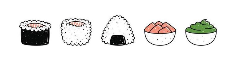 impostato di kawaii Sushi mascotte nel cartone animato stile. diverso tipi di Sushi vettore