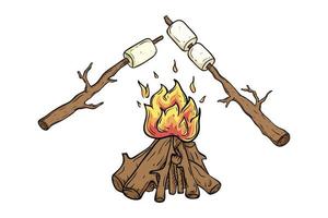 mano disegno marshmallow su di legno bastone con fuoco di bivacco vettore