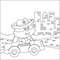 carino poco polizia Volpe guida un' auto partire per centro divertente animale cartone animato, di moda bambini grafico con linea arte design mano disegno schizzo vettore illustrazione per adulto e bambini colorazione libro.