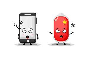 telefono carino e batteria con espressioni arrabbiate vettore