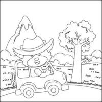 carino poco Volpe cartone animato avendo divertimento guida via strada auto su soleggiato giorno. cartone animato isolato vettore illustrazione, creativo vettore infantile design per bambini attività colorazione libro o pagina.