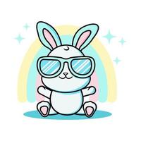 carino coniglio con occhiali da sole kawaii stile e arcobaleno dietro a isolato sfondo vettore