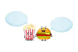 simpatica mascotte di popcorn e hamburger con espressioni felici e tristi vettore