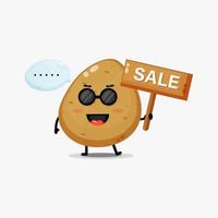 simpatica mascotte di patate con un segno di vendita vettore