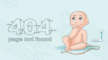 errore 404 pagina non trovato divertente colorato poco uomo chibi si siede pensieroso Il prossimo per un' rotto filo illustrazione per design design vettore