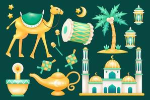 Ramadan 3d elementi. cammelli, batteria, bollitori, Noce di cocco alberi, lanterne, moschee e Ketupat vettore