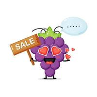 simpatica mascotte dell'uva con il segno di vendita vettore