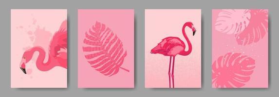 astratto estate coperture impostato con rosa fenicotteri e tropicale palma le foglie. di moda coperture collezione per compleanno, decorazione, Salva il Data. vettore illustrazione