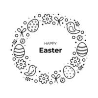 Pasqua ghirlanda con saluto testo. vettore illustrazione con Pasqua uova, fiori e pianta elementi. scarabocchio stile, schema icone impostare. nero e bianca linea disegno di Pasqua composizione.