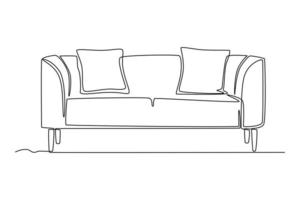continuo una linea disegno di lungo divano con elegante stile e cuscino su esso. vivente camera concetto singolo linea disegnare design grafico vettore illustrazione