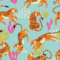 senza soluzione di continuità modello con mano disegnato esotico grande gatto tigre, con tropicale impianti e astratto elementi su leggero blu sfondo. colorato piatto vettore illustrazione