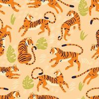 senza soluzione di continuità modello con mano disegnato esotico grande gatto tigre, con tropicale impianti e astratto elementi su leggero Marrone sfondo. colorato piatto vettore illustrazione