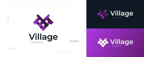 moderno lettera v logo design con villaggio capanna concetto nel viola pendenza stile vettore