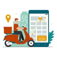 in linea consegna concetto. consegna uomo equitazione motociclo con carta geografica puntamento applicazione su smartphone vettore