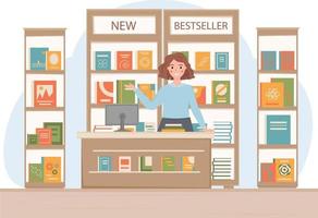 commessa, negozio assistente nel libreria. venditore a il contatore di libro negozio. librerie con nuovo libri. interno di libreria. vettore illustrazione.