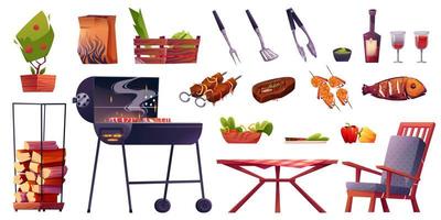 cartone animato impostato di cibo e mobilia per bbq picnic vettore