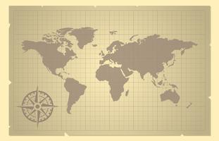 La mappa e la bussola di mondo sono aumentato su vecchia illustrazione di carta