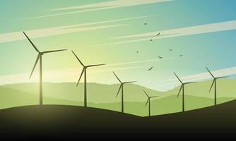 bellissimo paesaggio illustrazione con vento turbine a tramonto. verde energia di futuro. energia concetto sfondo con vento turbina. vettore