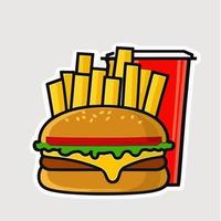 cartone animato Hamburger, patatine fritte e Coca Cola. veloce cibo vettore illustrazione concetto.