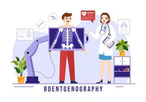 radiografia illustrazione con fluorografia corpo verifica procedura, raggi X lettura o roentgen nel Salute cura piatto cartone animato mano disegnato modelli vettore