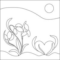 colorazione pagina bucaneve e cuore piace bucaneve in crescita a partire dal il suolo. vettore linea arte fiori.