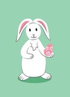bianca carino Pasqua seduta coniglio con decorato uovo. isolato illustrazione su pastello verde sfondo. cartone animato vacanza vettore personaggio