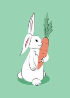 bianca divertente Pasqua coniglio con grande carota nel zampa. isolato illustrazione su pastello verde sfondo. cartone animato vacanza vettore personaggio