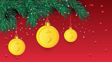 Natale albero ramo con decorativo oro dollaro simbolo. dollaro cartello come Natale fronzolo sospeso su pino ramoscello vettore