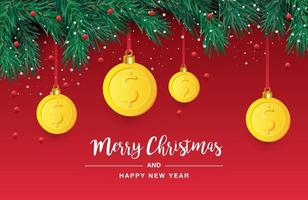 Natale albero ramo con decorativo oro dollaro simbolo. dollaro cartello come Natale fronzolo sospeso su pino ramoscello vettore