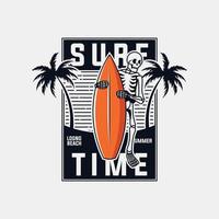 Surf tempo logo design modello, con cranio e tavola da surf umano personaggio vettore
