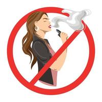 no svapare, fumare segno.donna fumo e-segarita Vape nel rosso proibito cerchio cartello icona isolato su bianca sfondo vettore illustrazione.donna vaper colpi vapore a partire dal sua bocca.