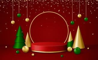 Natale 3d scena con rosso e oro podio piattaforma, verde e oro Natale abete alberi e palle, coriandoli. vettore