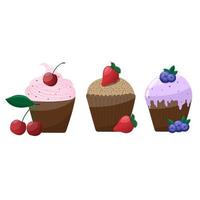 impostato di tre dolce gustoso cioccolato cupcakes con frutti di bosco su bianca. confetteria trattare, biscotto, mirtillo, fragola, ciliegia, vettore