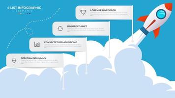 4 elenco di passi, disposizione diagramma con scala livello sequenza, Infografica elemento modello con razzo avviare lanciare illustrazione vettore