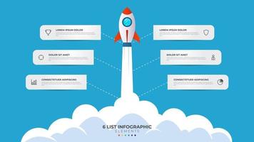 6 elenco di passi, disposizione diagramma con scala livello sequenza, Infografica elemento modello con razzo avviare lanciare illustrazione vettore