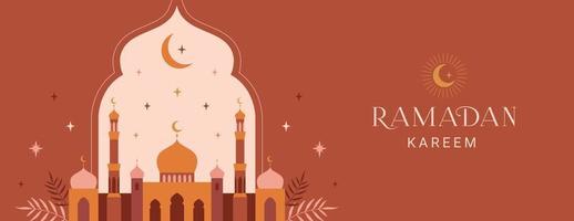 Ramadan kareem striscione, carta, manifesto design. moderno geometrico minimalista design con moschea, mezzaluna, stelle nel il cielo, archi finestre. vettore illustrazione.