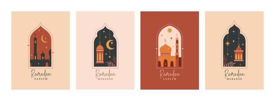 Ramadan kareem carta, manifesto, vacanza copertina impostare. impostato di islamico saluto carte nel moderno bellissimo disegno, bandiera modello. collezione di orientale stile islamico finestre, archi, Luna, moschea, lanterne. vettore