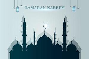 Ramadan kareem inglese tipografia. un islamico saluto testo nel inglese per santo mese Ramadan kareem. islamico sfondo con metà Luna vettore